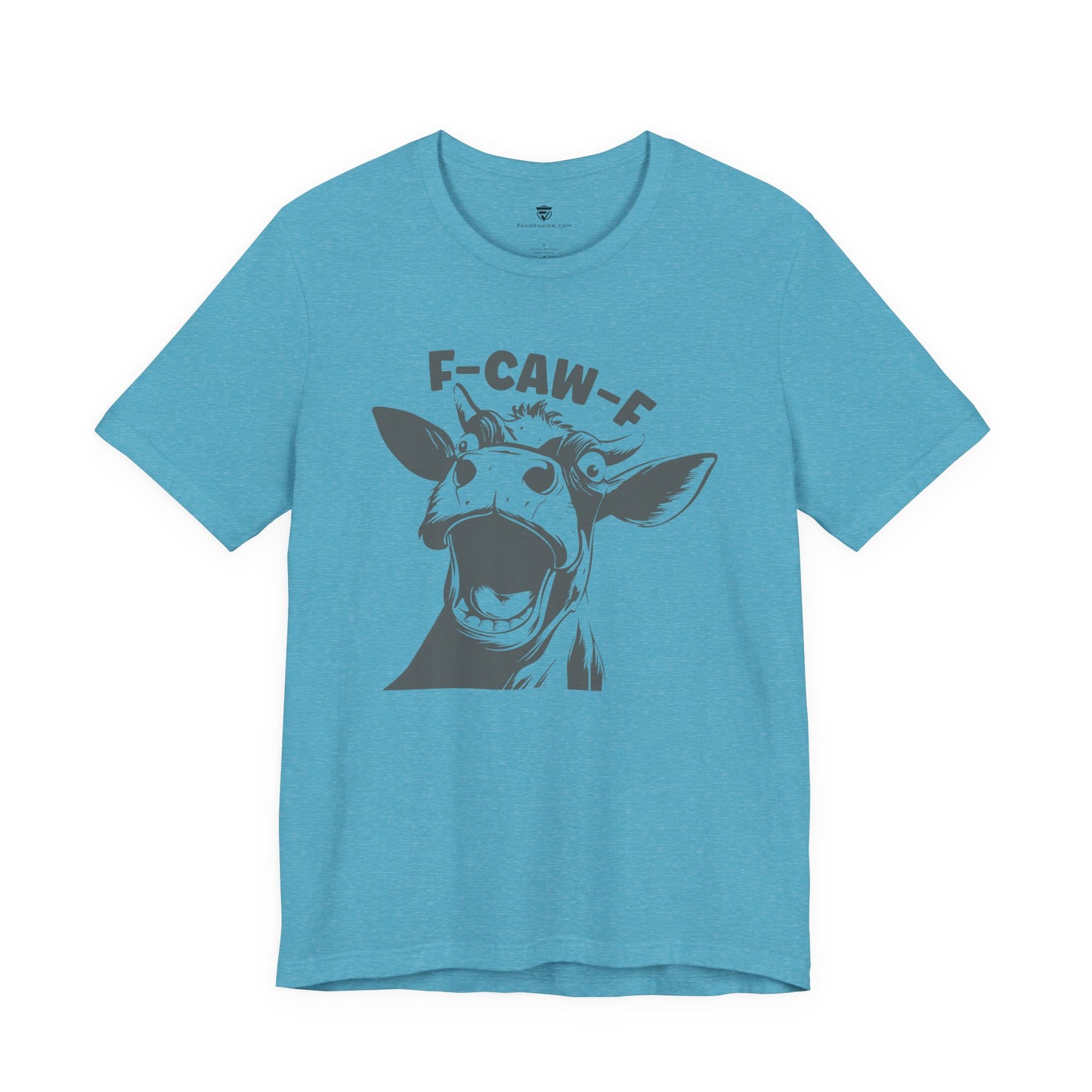 Blue t-shirt with a graphic of a cow and text 'F-CAW-F' 