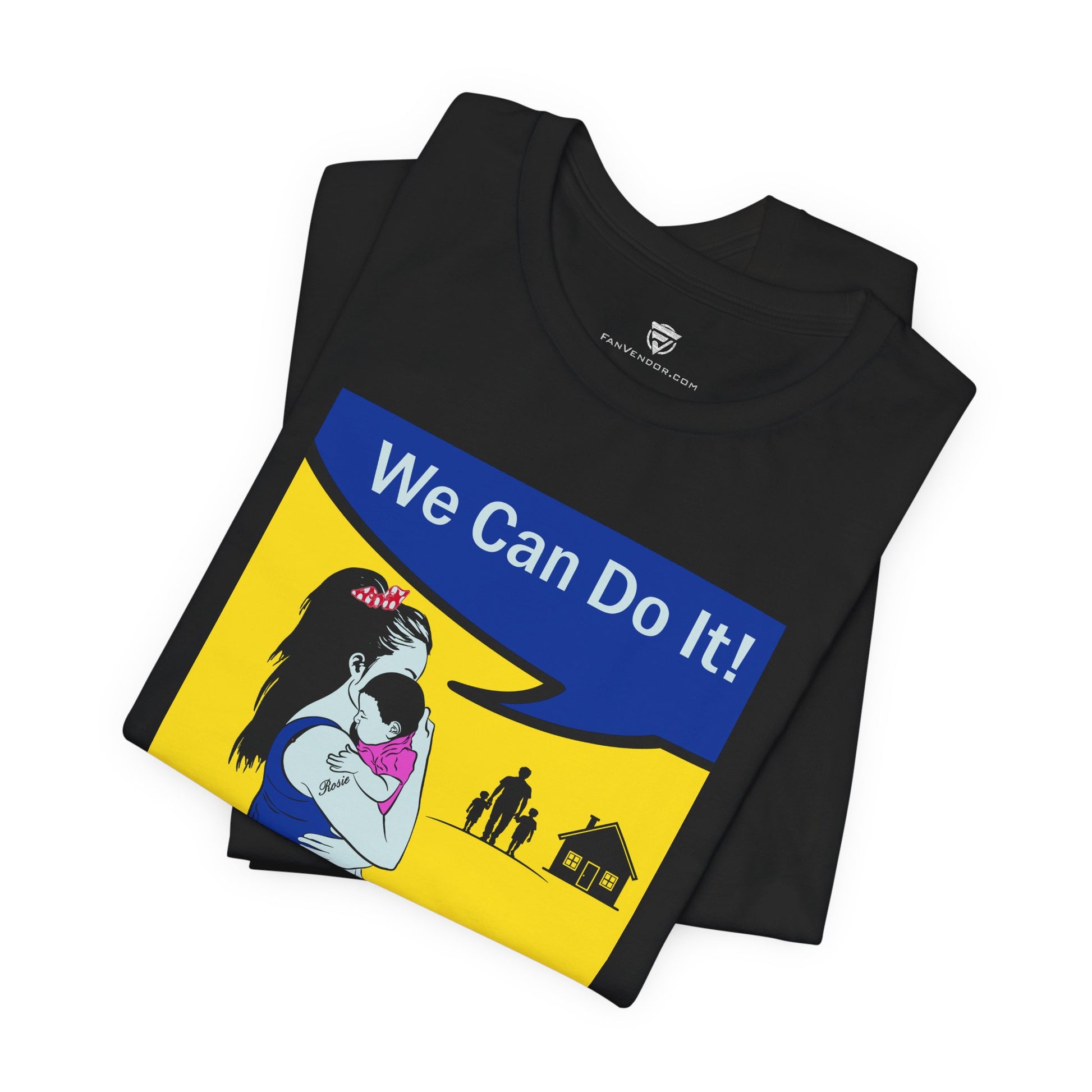 Black t-shirt with graphic design and text 'We Can Do It!' on a white background