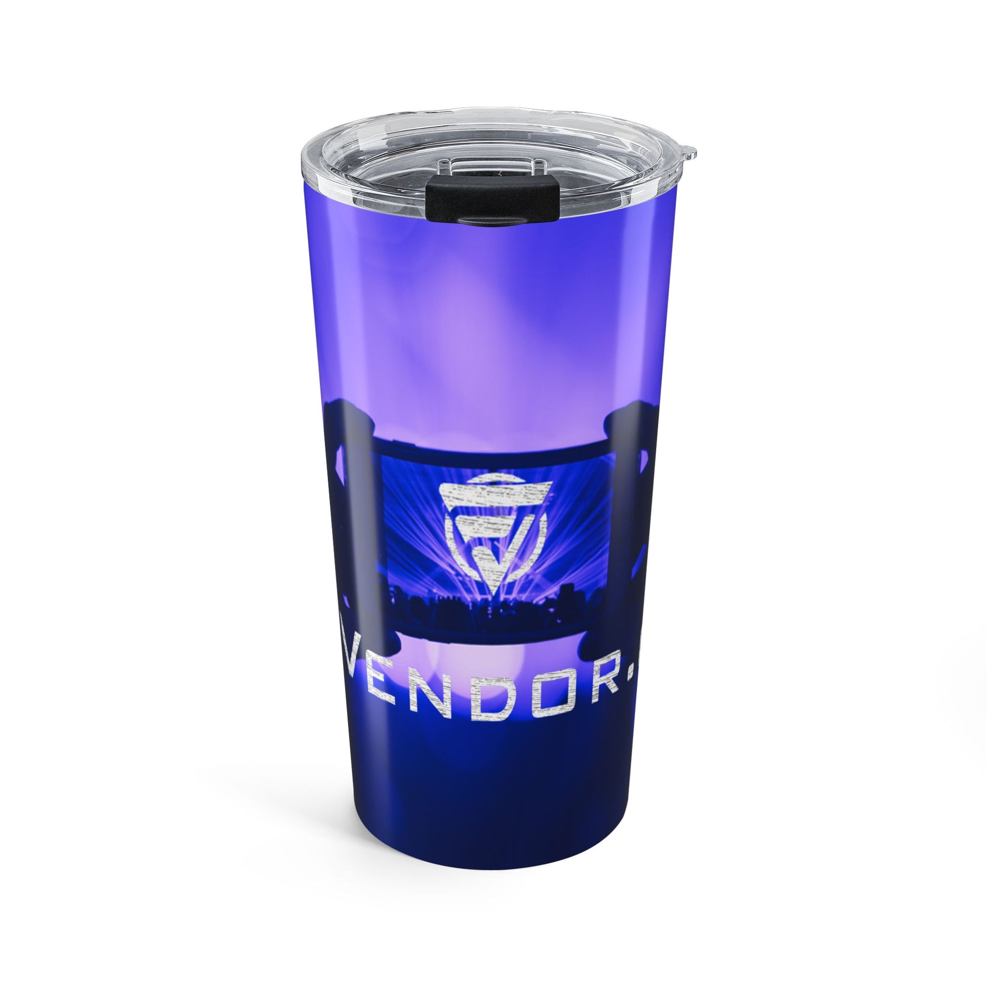 Blue tumbler with a logo and text on a white background