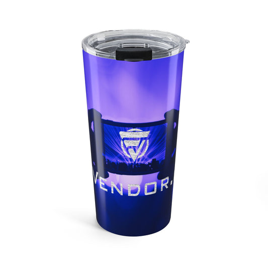 Blue tumbler with a logo and text on a white background