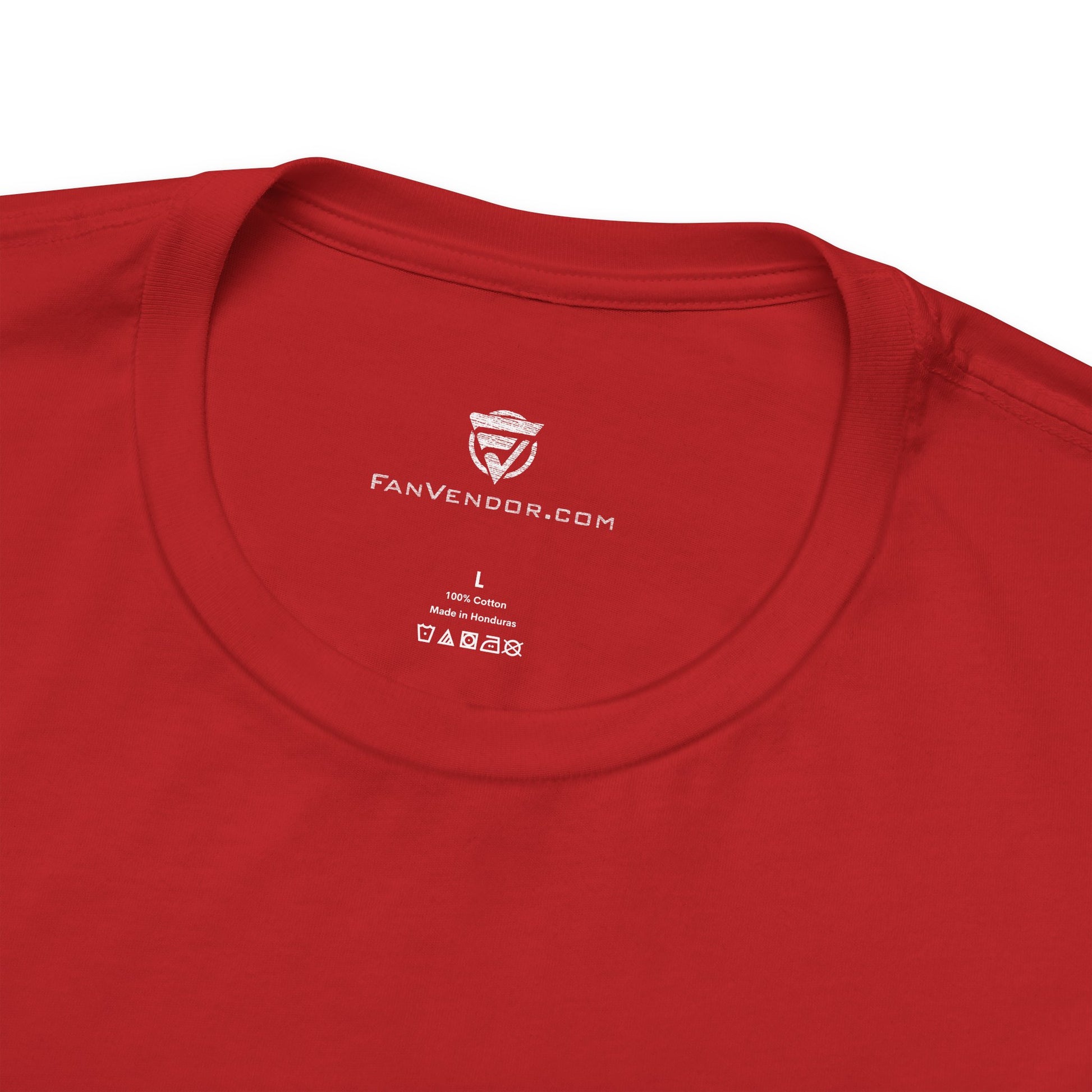 Red t-shirt with 'FanVendor.com' logo and text on a white background