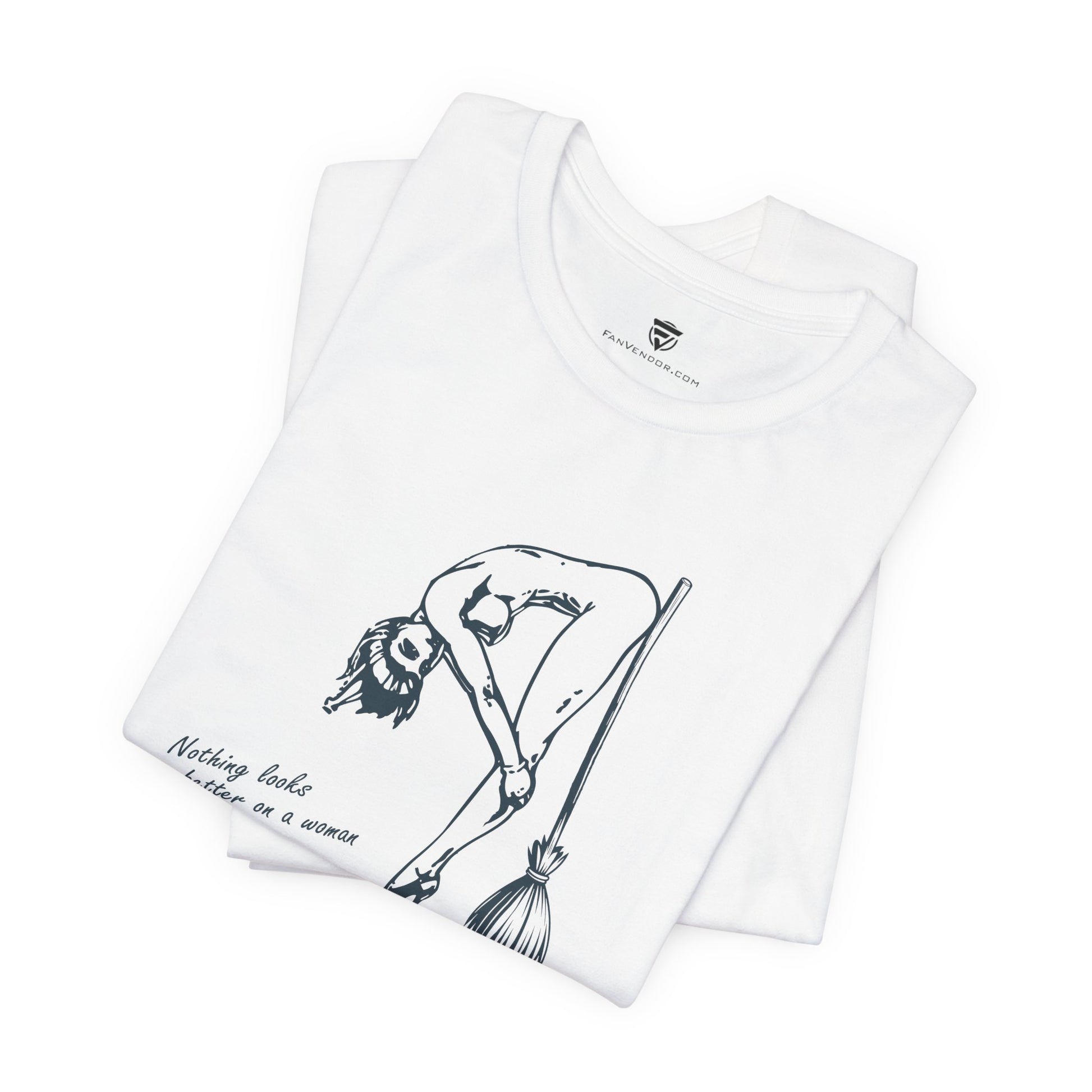 White t-shirt with graphic design and text on a white background