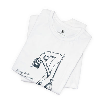 White t-shirt with graphic design and text on a white background
