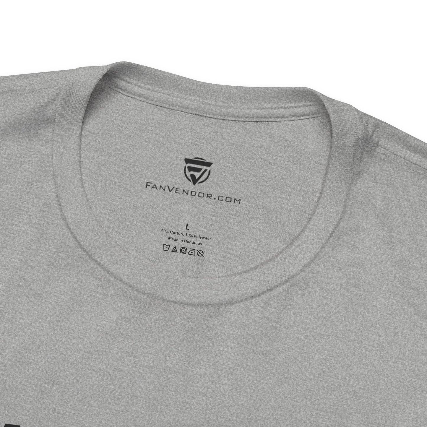 Gray t-shirt with 'Fan Vendor' logo and text on the collar area