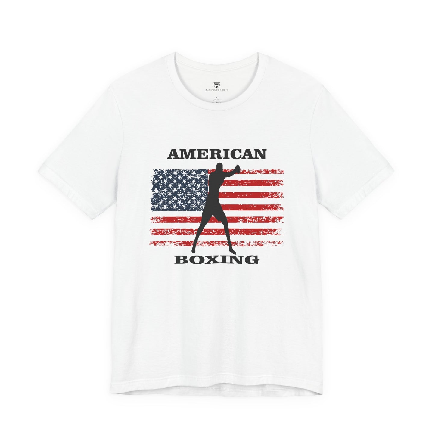 White t-shirt with American flag and boxing graphic on a white background