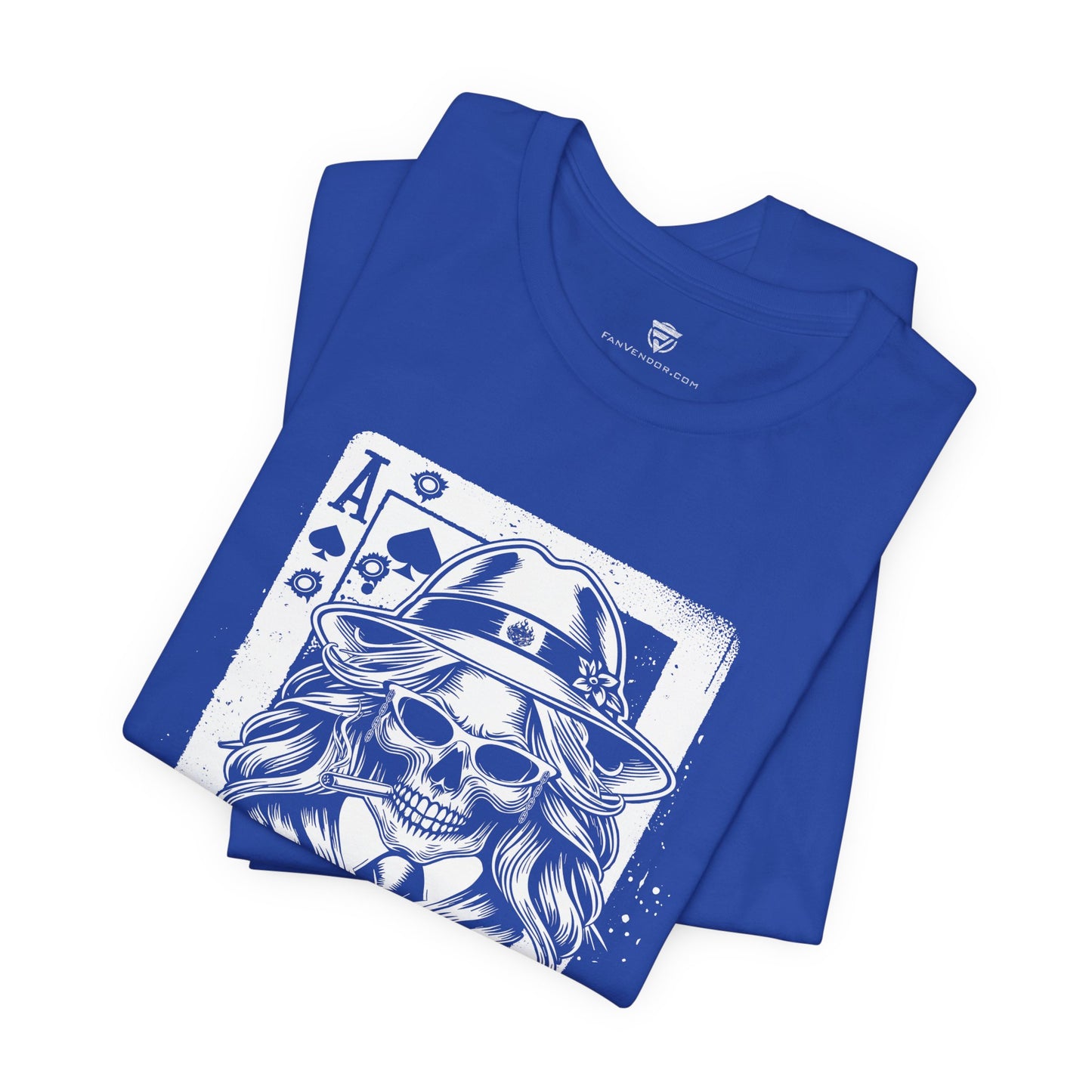 Blue t-shirt with a white graphic design of a skull wearing a hat on a white background
