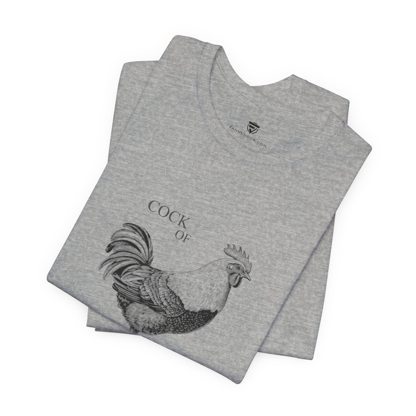 Folded gray t-shirt with a rooster design and text 