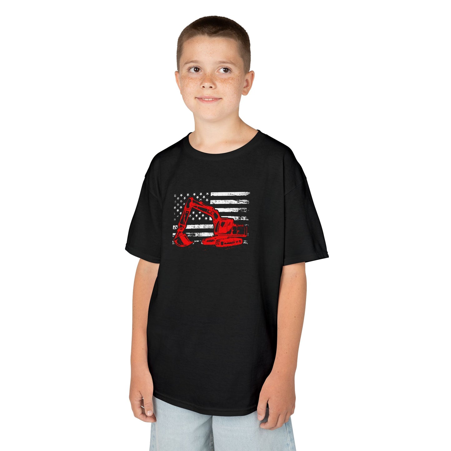 Child wearing a dark gray t-shirt with  design on a white background