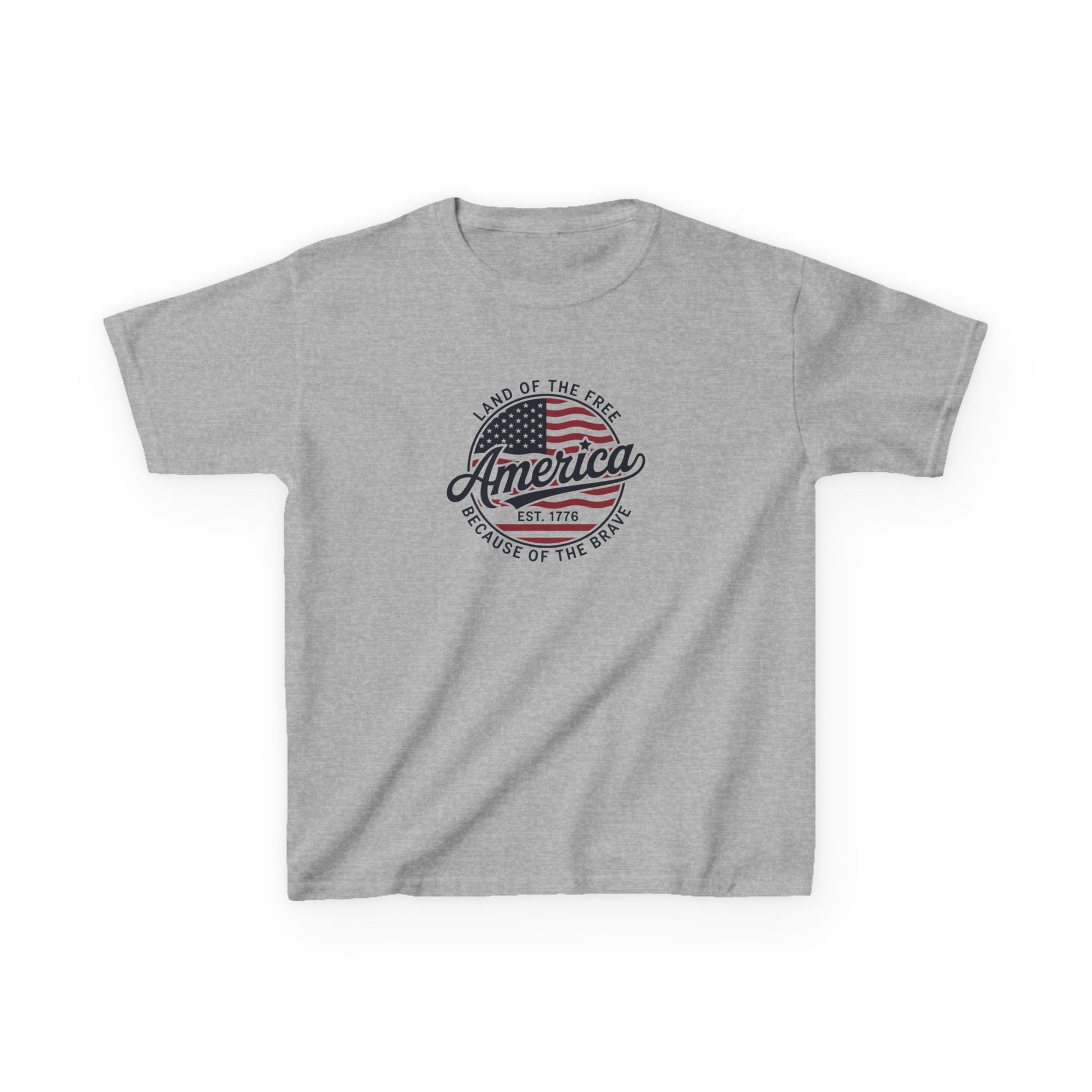 Gray t-shirt with American flag design and text on a white background