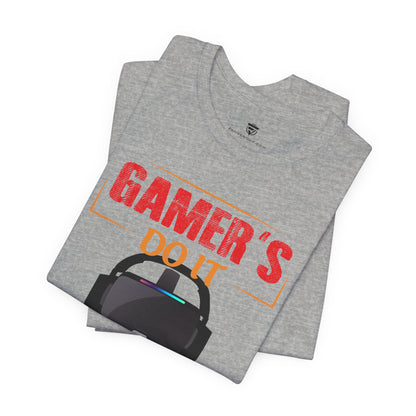Gray t-shirt with 'GAMER'S DO IT' text and headset graphic on a white background