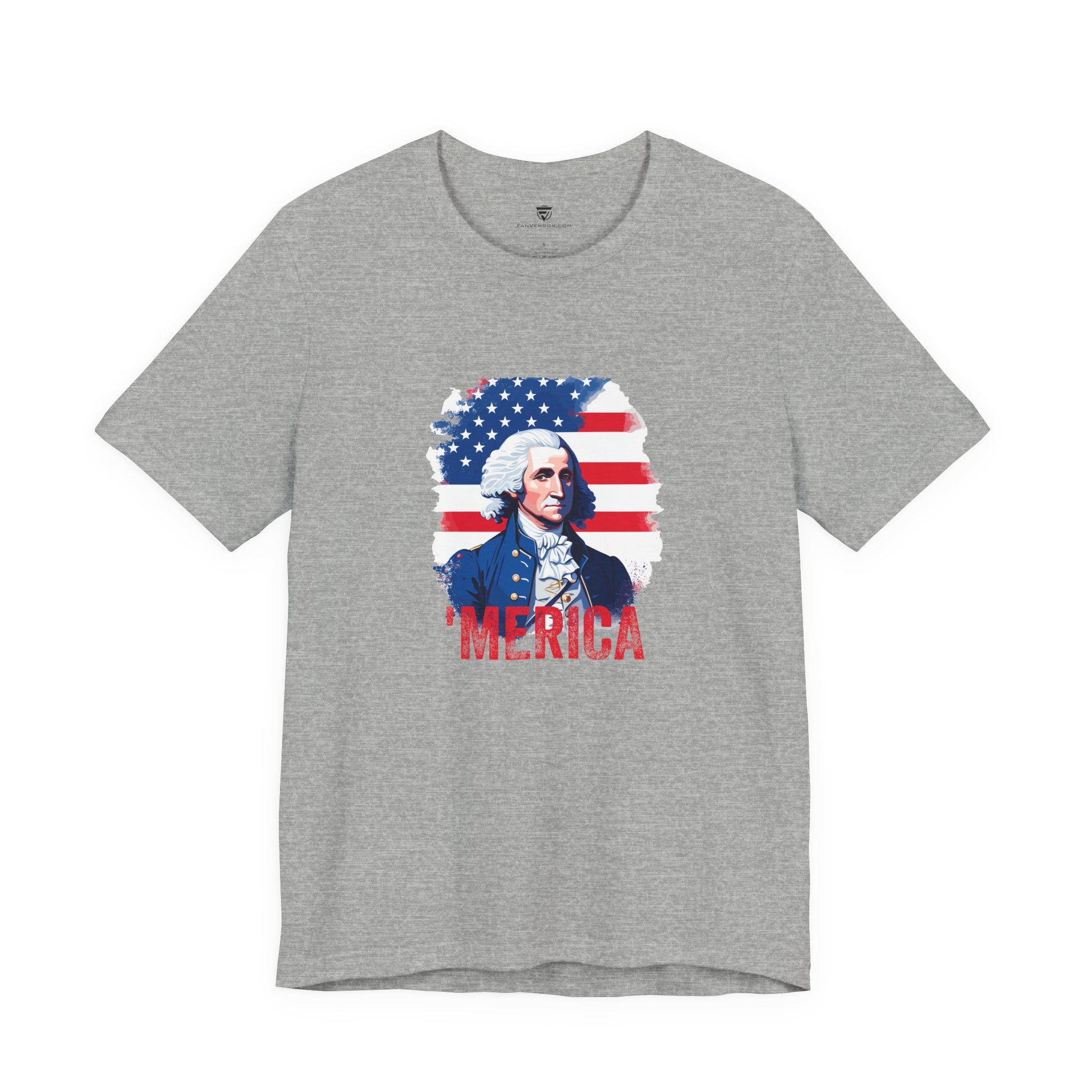 Gray t-shirt with a graphic of a historical figure and 'MERICA' text on an American flag background.