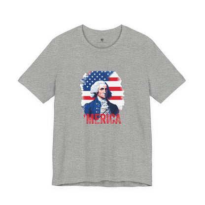 Gray t-shirt with a graphic of a historical figure and 'MERICA' text on an American flag background.