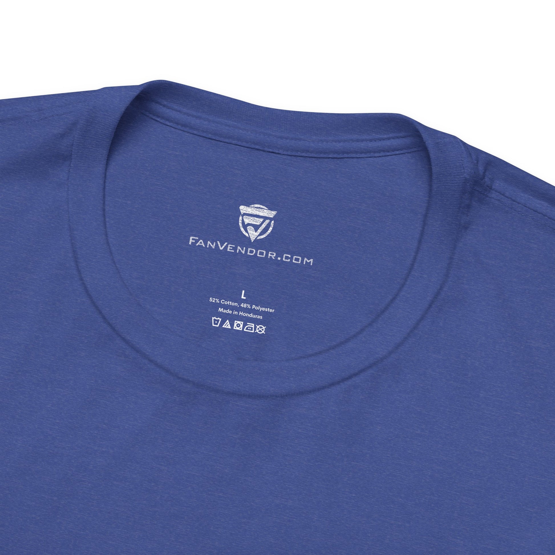Close-up of a blue t-shirt with 'FanVendor.com' logo and text on the collar.