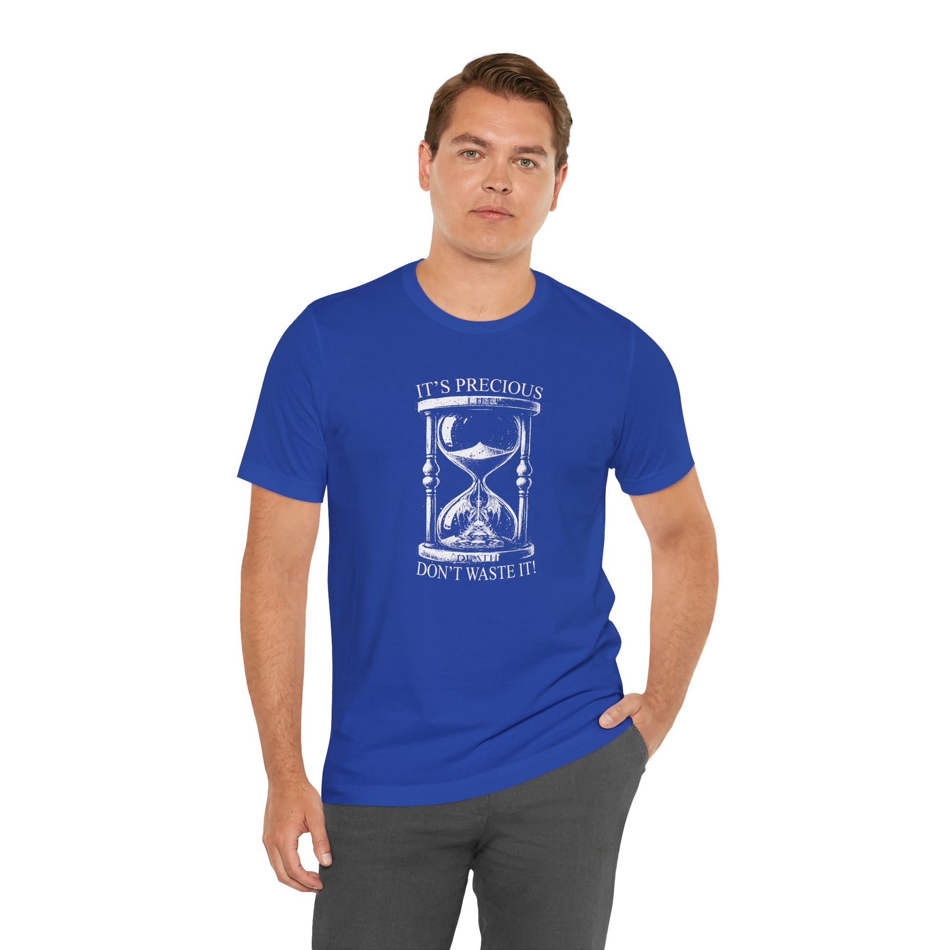 Man wearing a blue t-shirt with text and logo.
