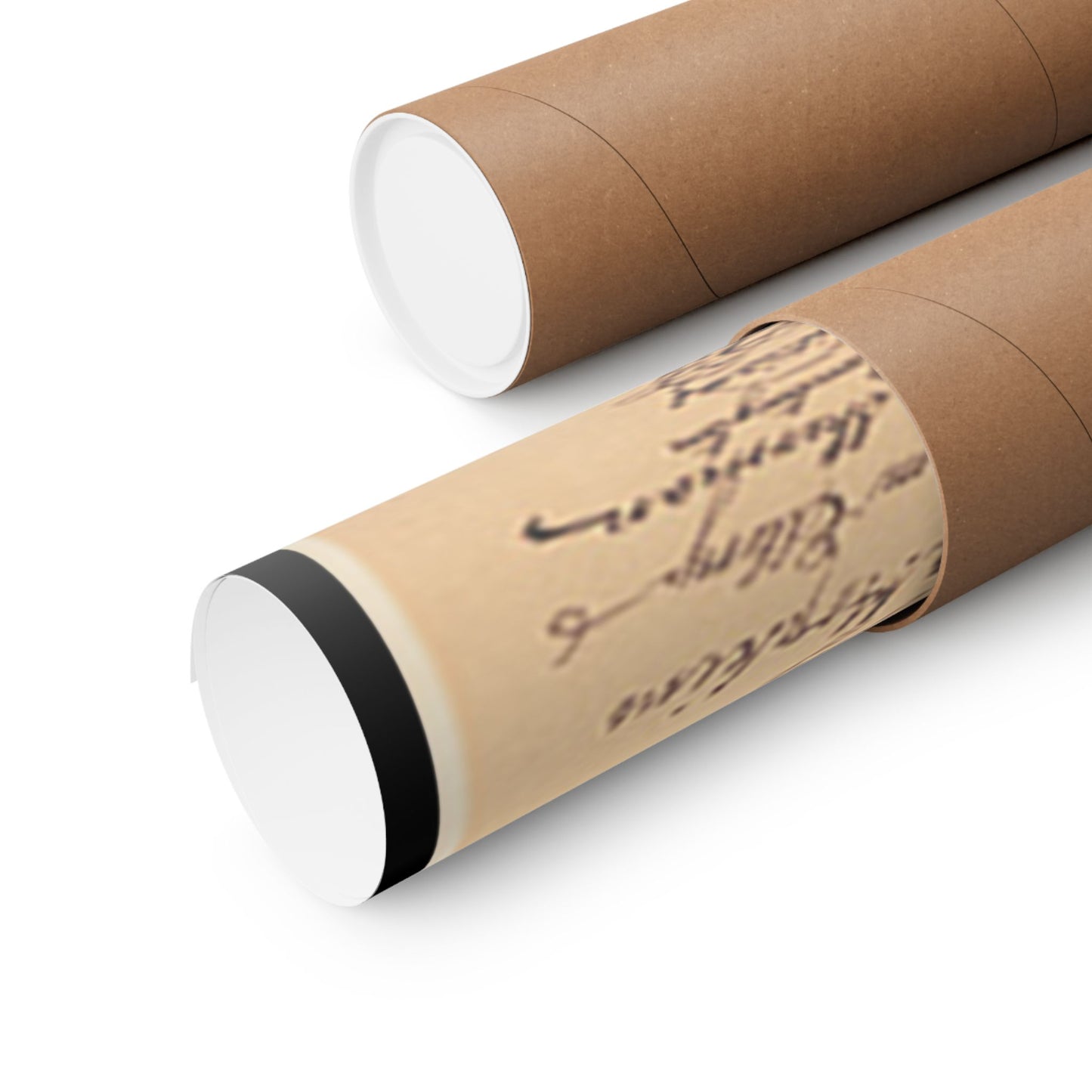 Two cardboard tubes with white ends on a white background