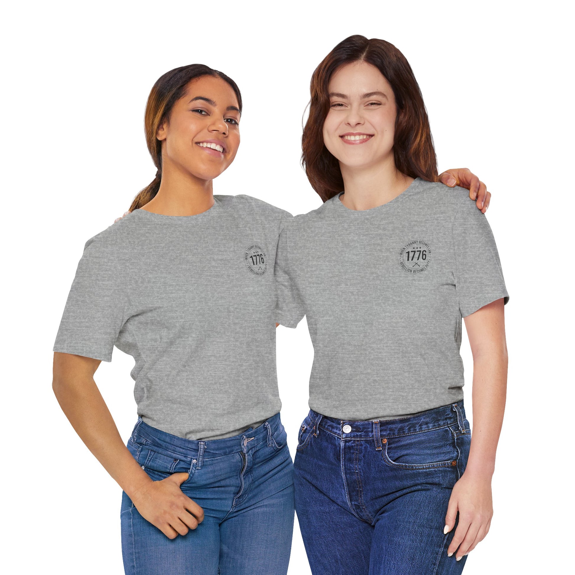 Two women wearing gray t-shirts with a logo on a white background
