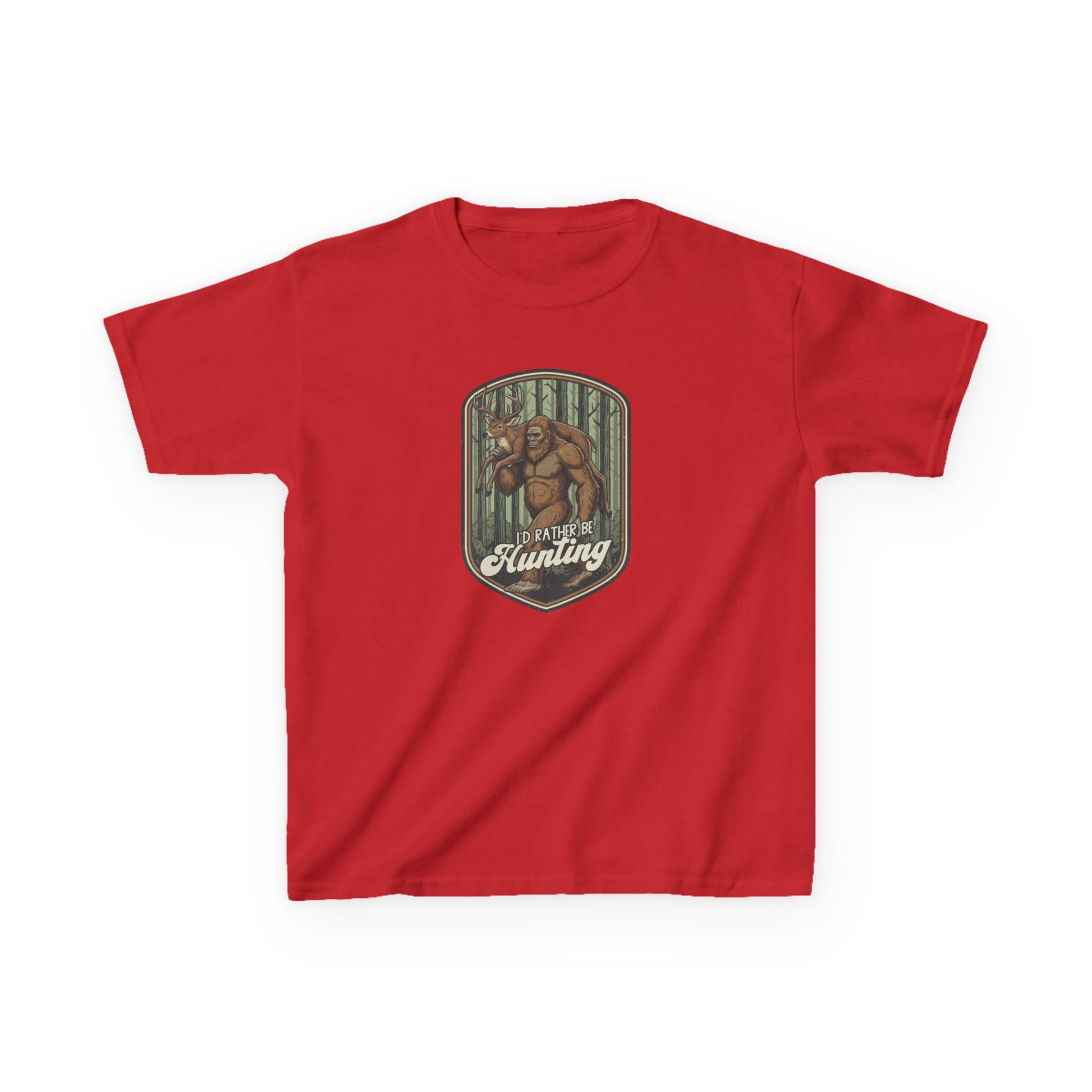 Red t-shirt with a graphic and text on a white background