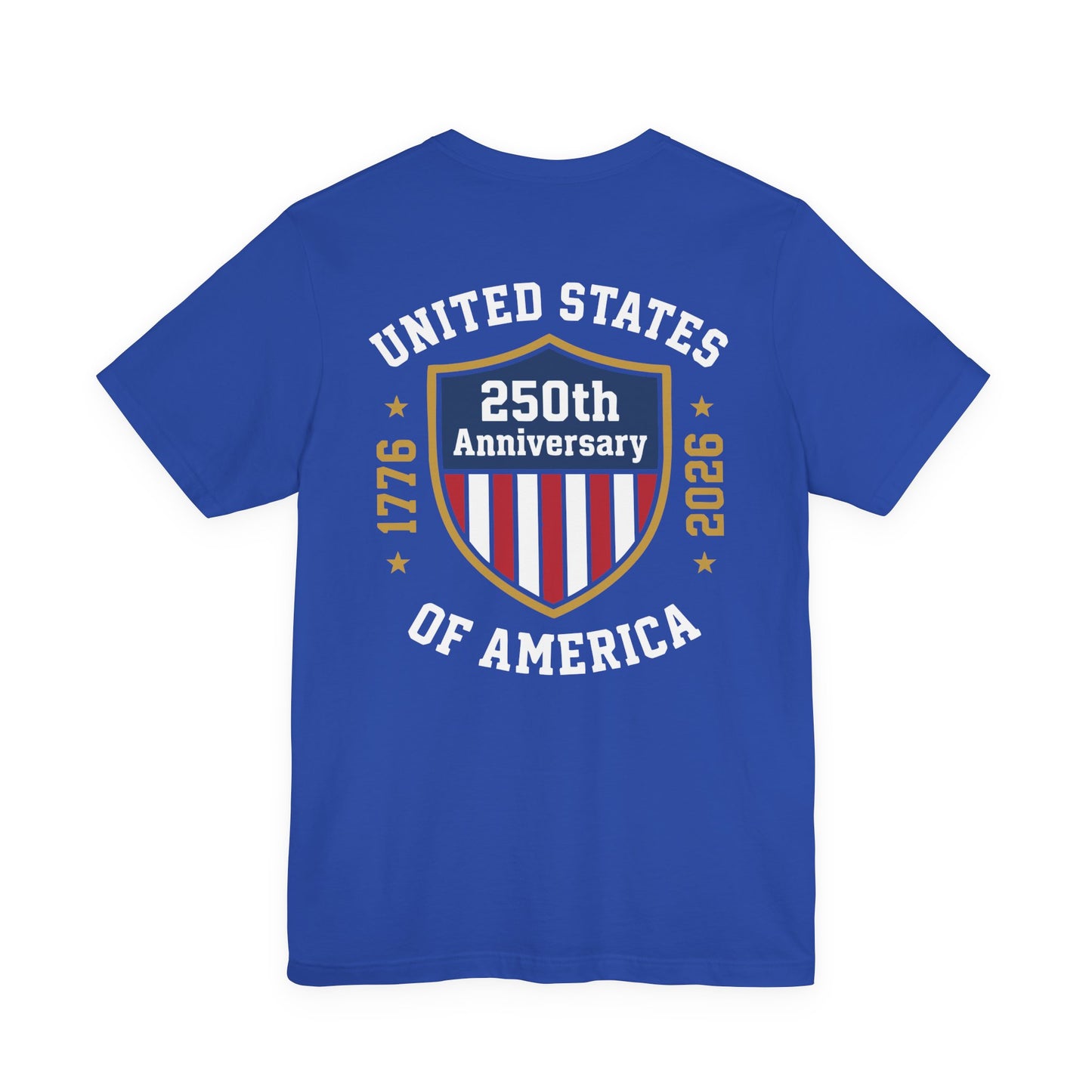 Blue t-shirt with 250th Anniversary of the United States design on a white background