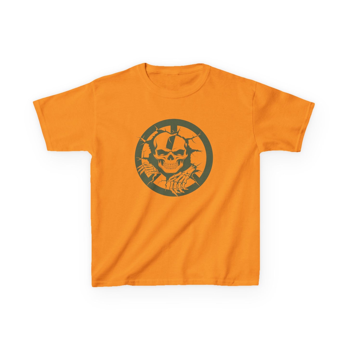 Orange t-shirt with a skull design on a white background