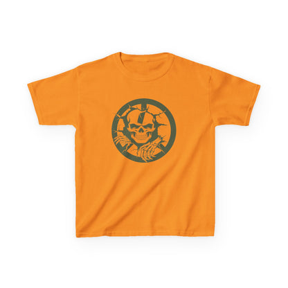 Orange t-shirt with a skull design on a white background