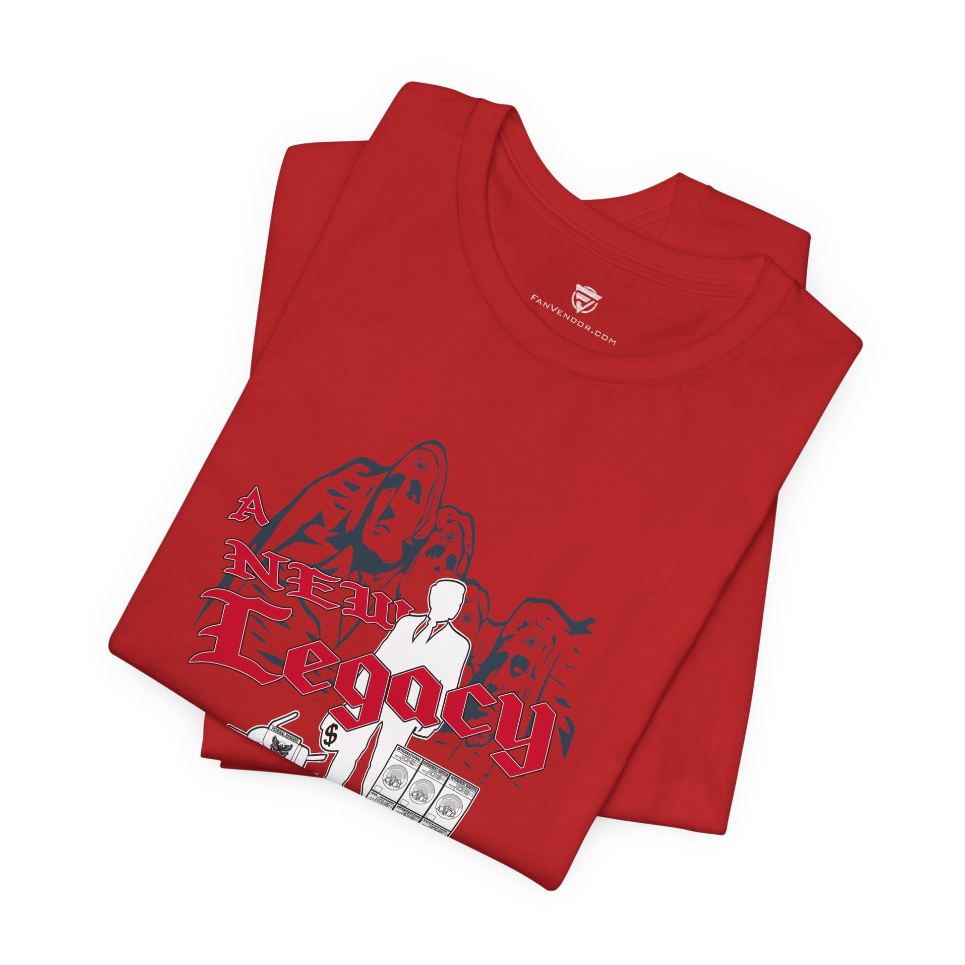 Folded red t-shirt with graphic design on a white background