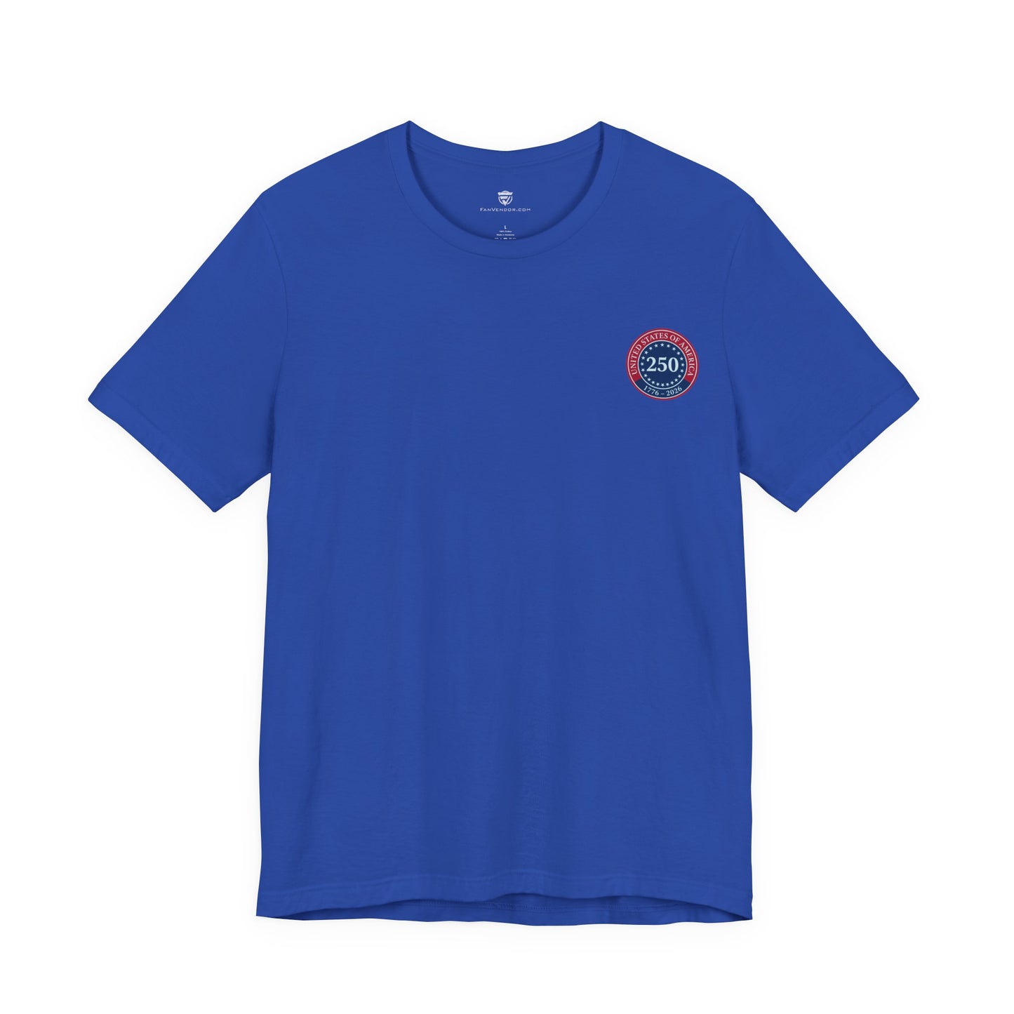 Blue t-shirt with a small logo on the chest against a white background