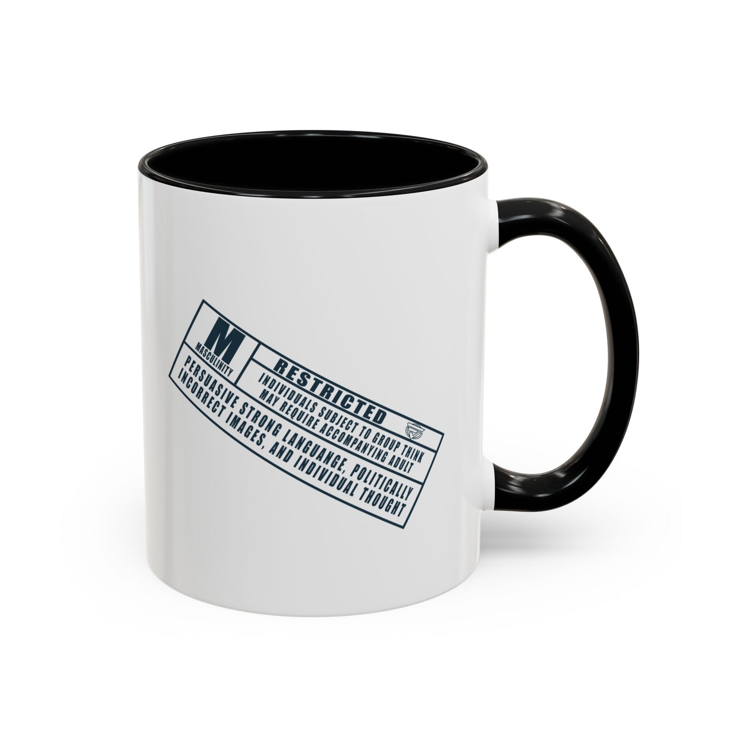 White mug with black interior and handle featuring a label design.