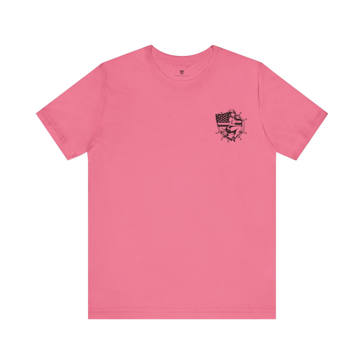 Pink t-shirt with a black graphic on the chest against a white background