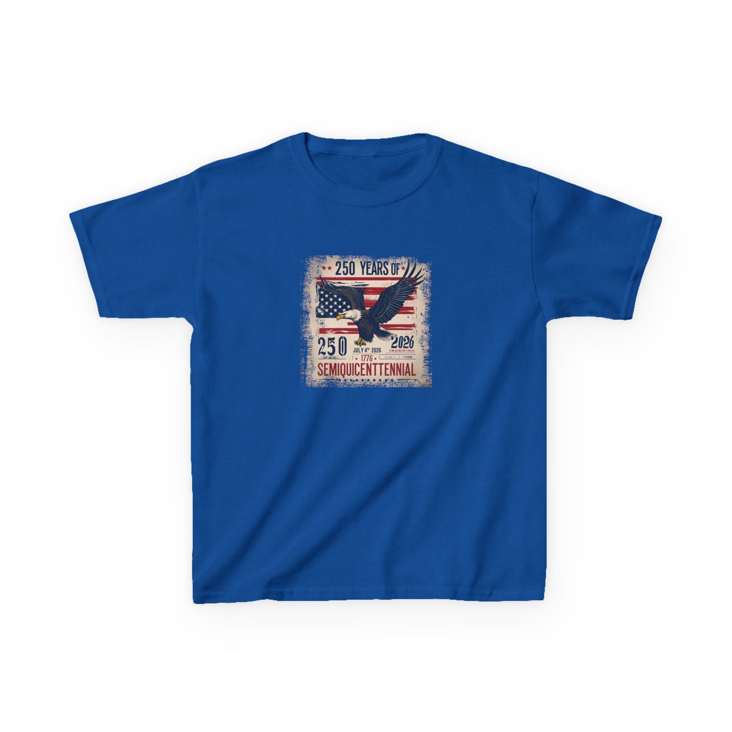 Blue t-shirt with American flag and eagle design on a white background