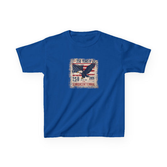 Blue t-shirt with American flag and eagle design on a white background