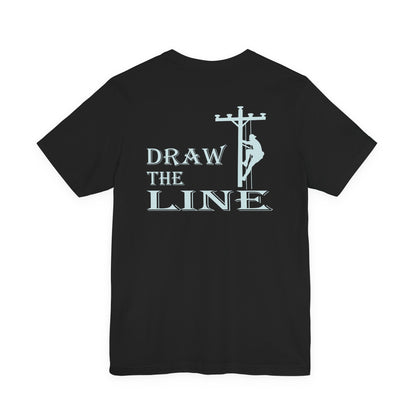 Black t-shirt with 'Draw the Line' graphic on a white background
