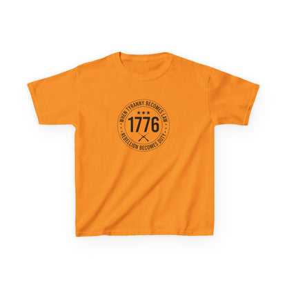 Orange t-shirt with black graphic and text on a white background