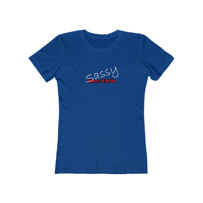 Blue t-shirt with 'Sassy Since Birth' text on a white background