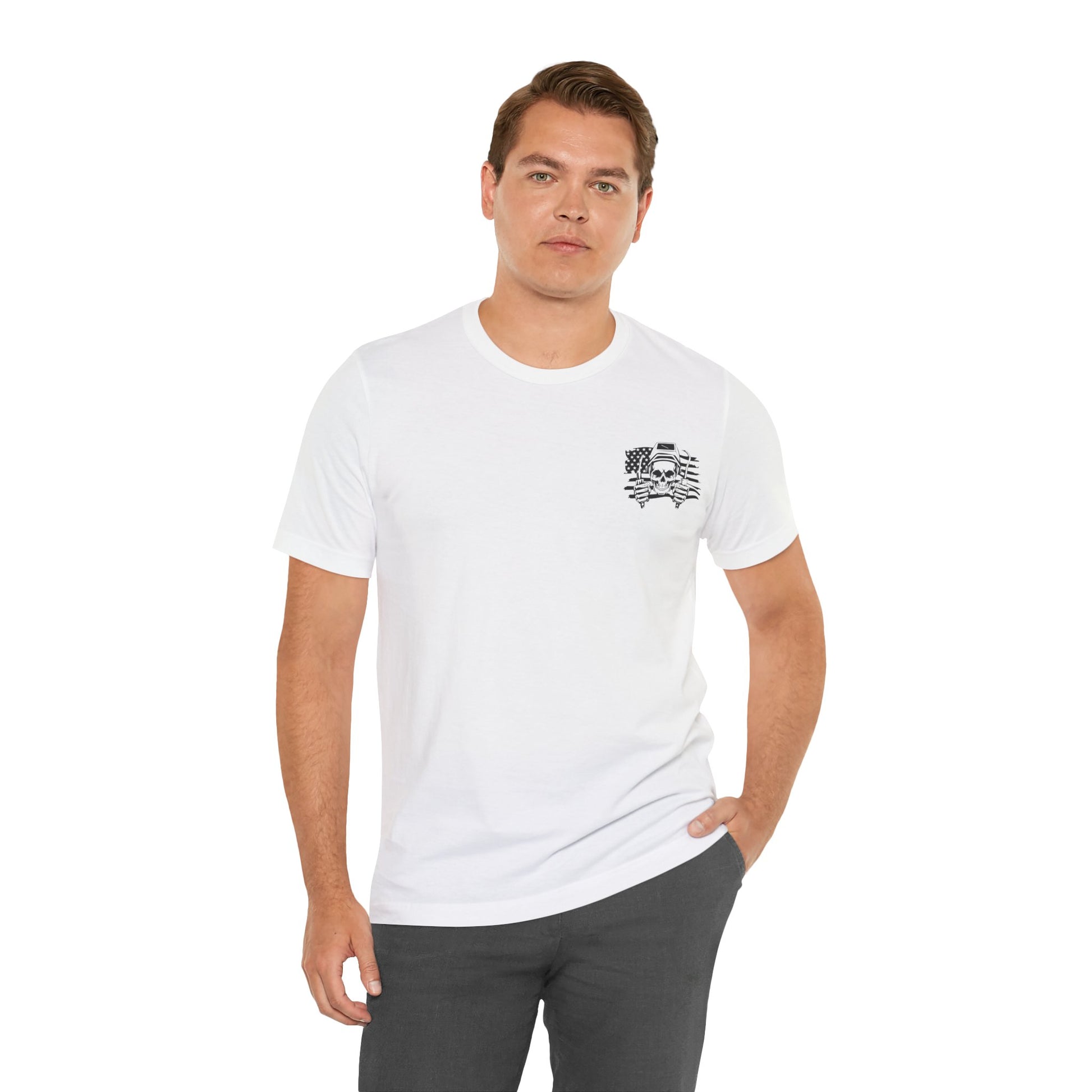 Man wearing a white t-shirt with a small logo on a white background