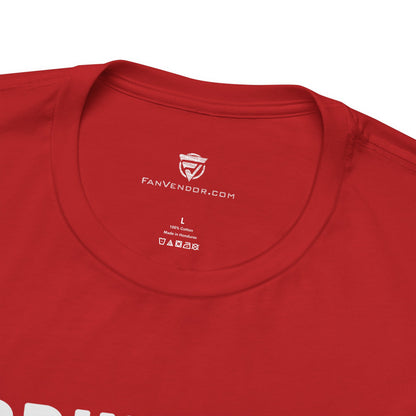 Red t-shirt with 'FanVendor.com' logo and text on a white background