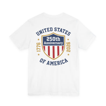 White t-shirt with 'United States 250th Anniversary of America' design on a white background