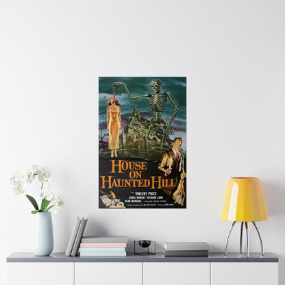 Movie poster for 'House on Haunted Hill' on a wall above a shelf with decor items.