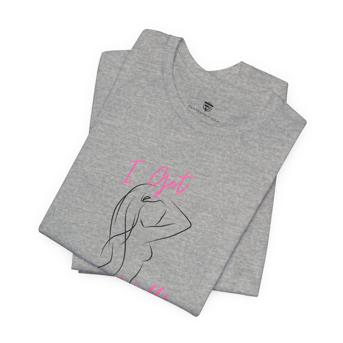 Folded gray t-shirt with text and logo on a white background