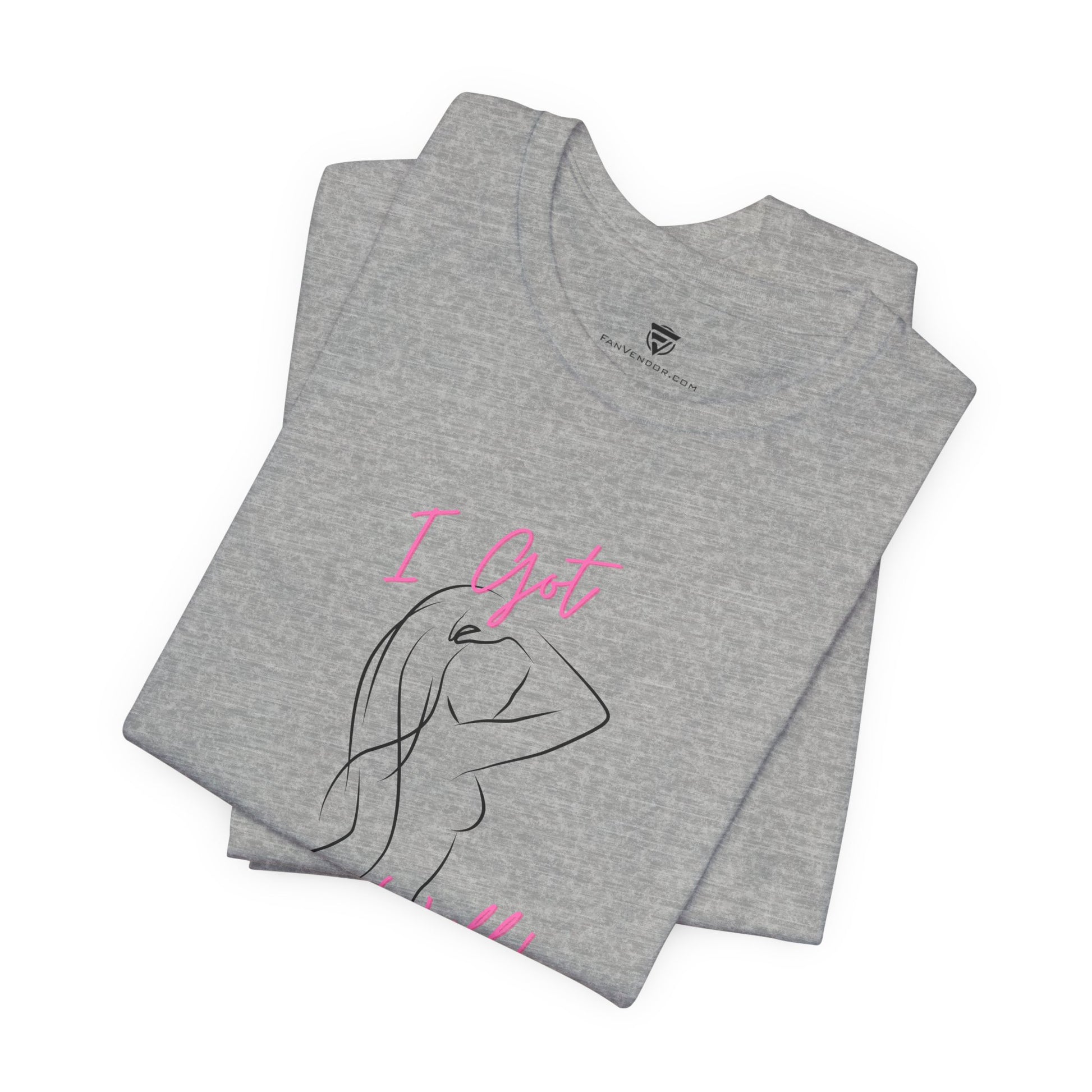 Folded gray t-shirt with text and logo on a white background