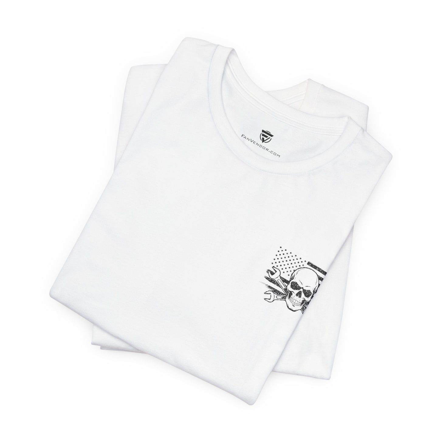 Folded white t-shirt with a black graphic design on a white background