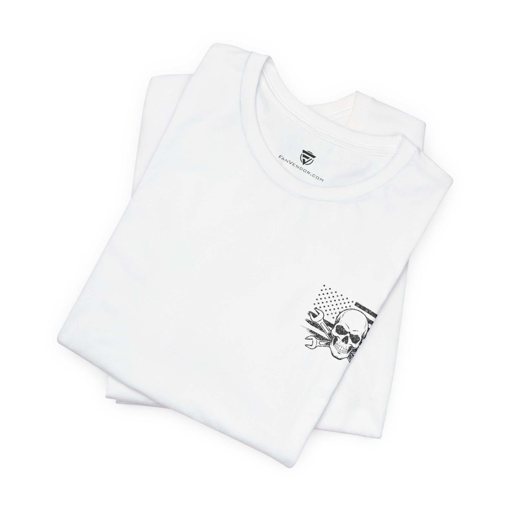 Folded white t-shirt with a black graphic design on a white background