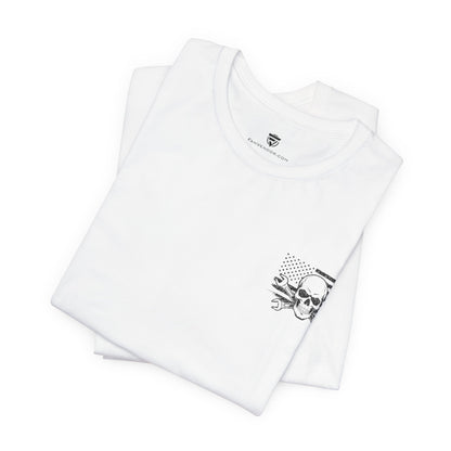 Folded white t-shirt with a black graphic design on a white background