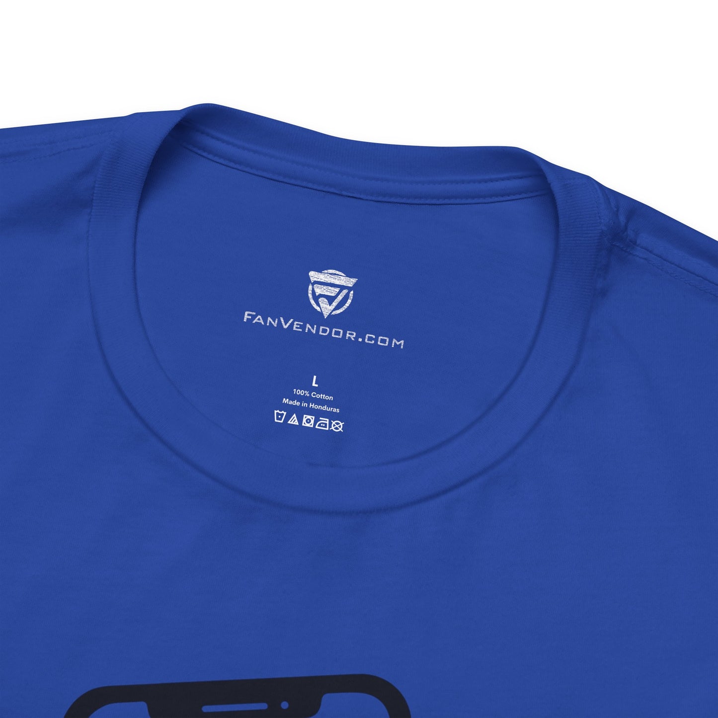 Blue t-shirt with 'Fanvendor.com' logo on the collar against a white background