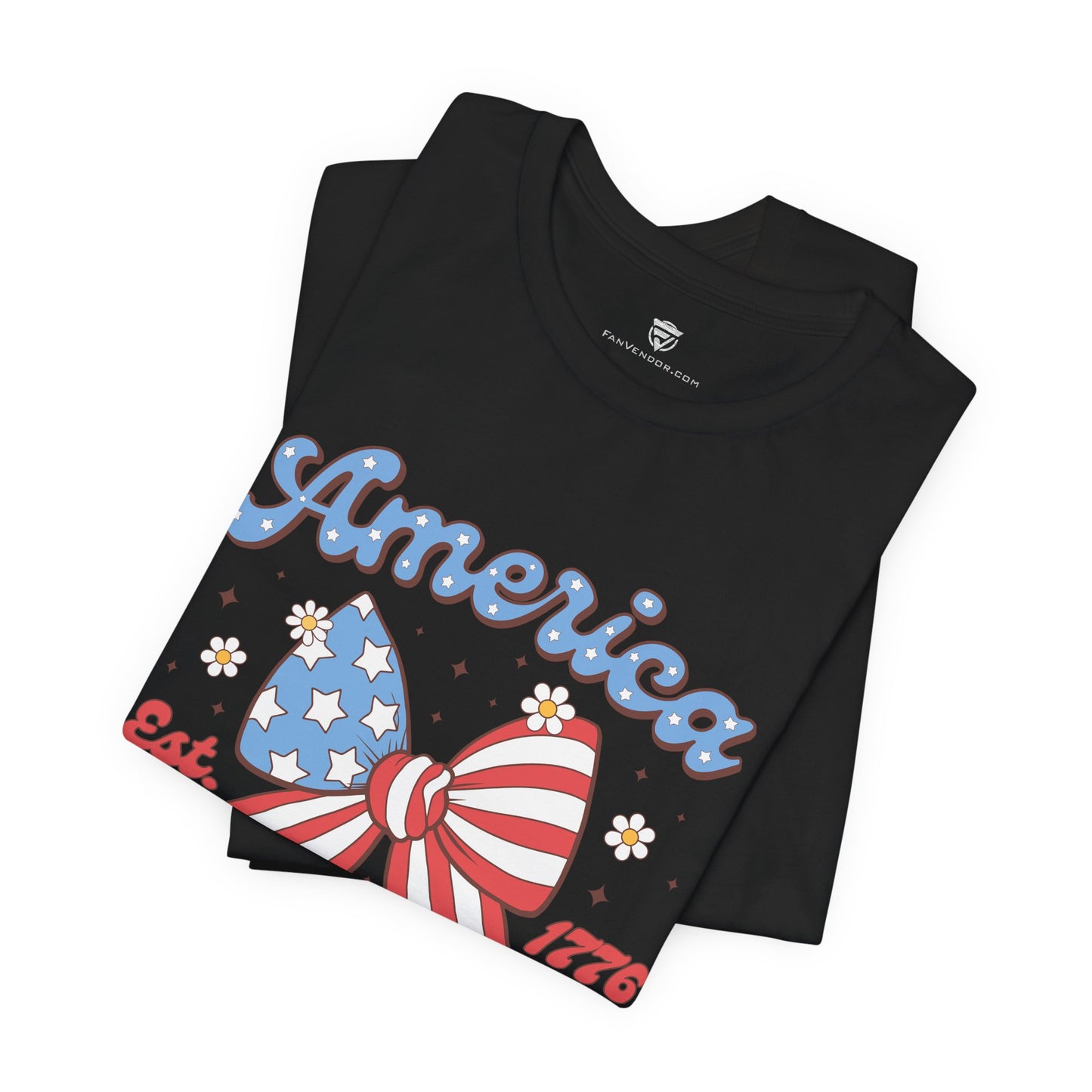 Black t-shirt with 'America' design featuring a bow and stars on a white background