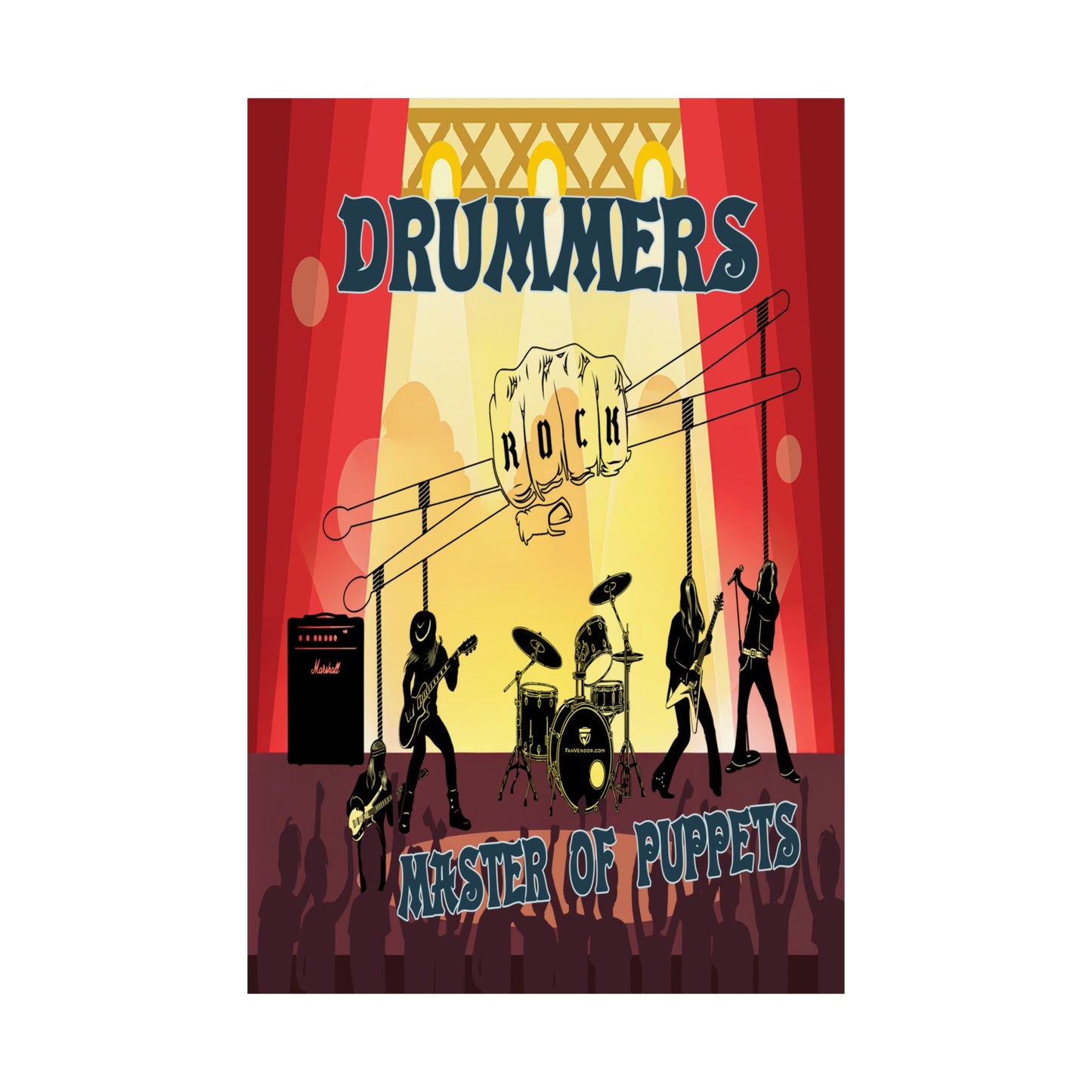 Poster with silhouettes of musicians and text 'DRUMMERS ROCK' on a colorful background.