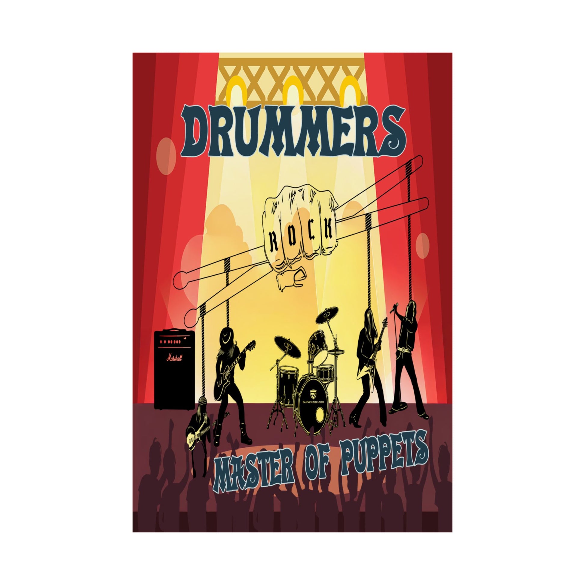 Poster with silhouettes of musicians and text 'DRUMMERS ROCK' on a colorful background.
