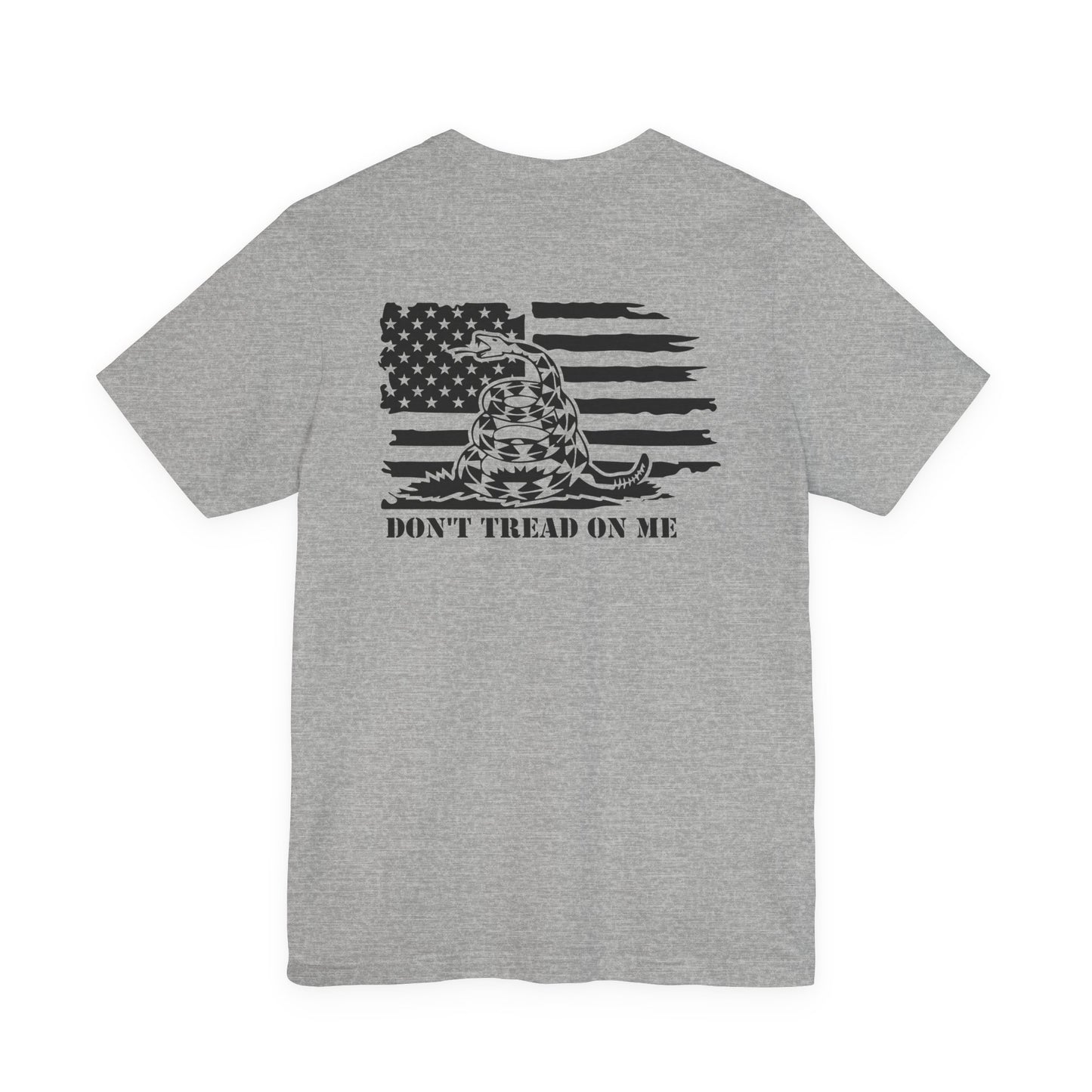 Gray t-shirt with 'Don't Tread on Me' graphic on a white background