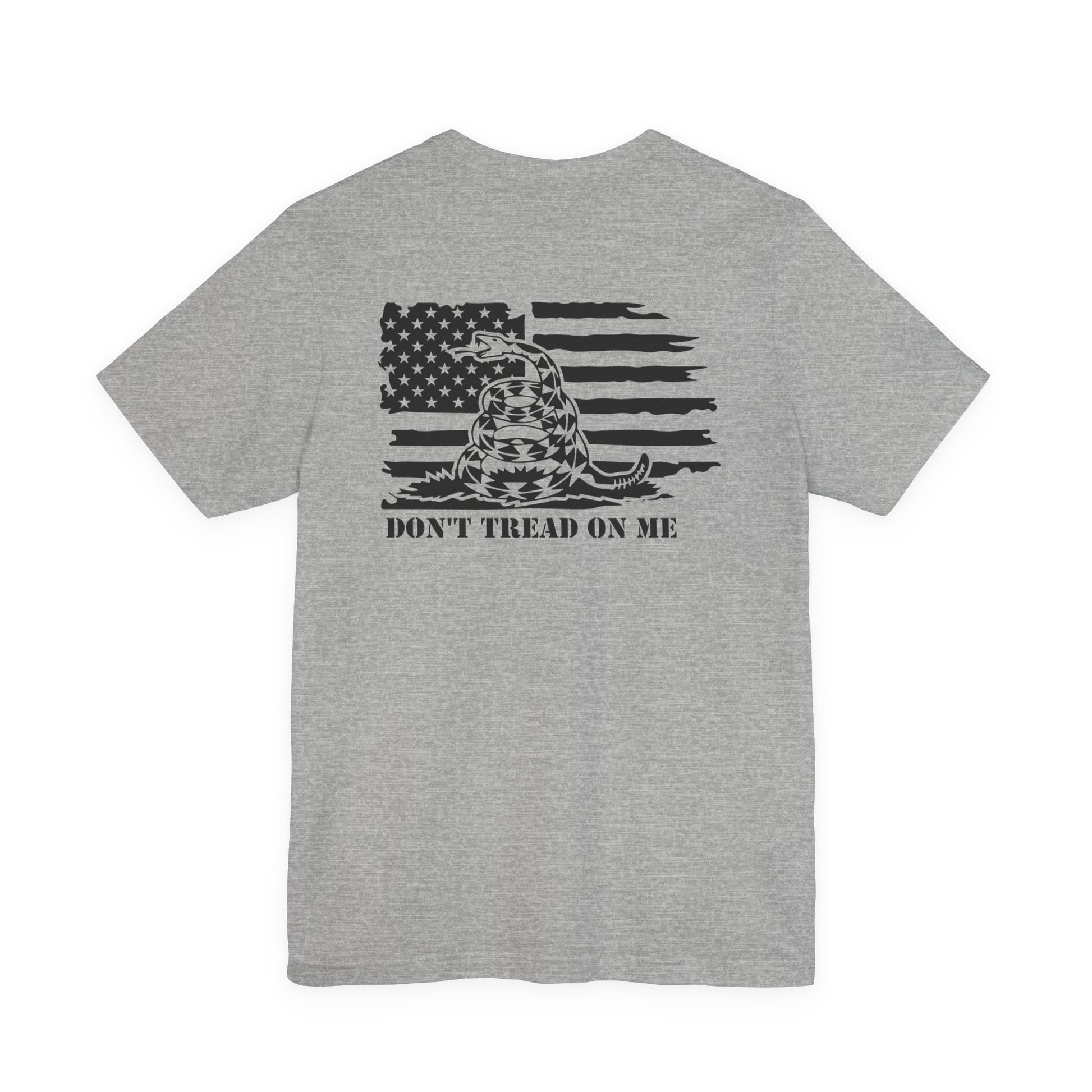 Gray t-shirt with 'Don't Tread on Me' graphic on a white background