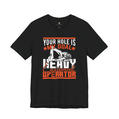 Black t-shirt with humorous graphic and text on a white background