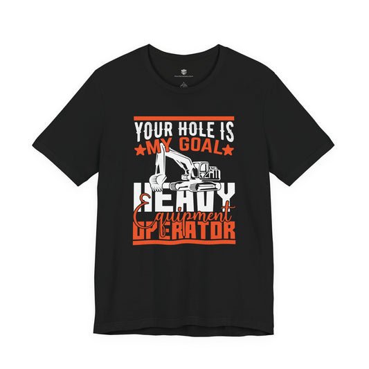 Black t-shirt with humorous graphic and text on a white background